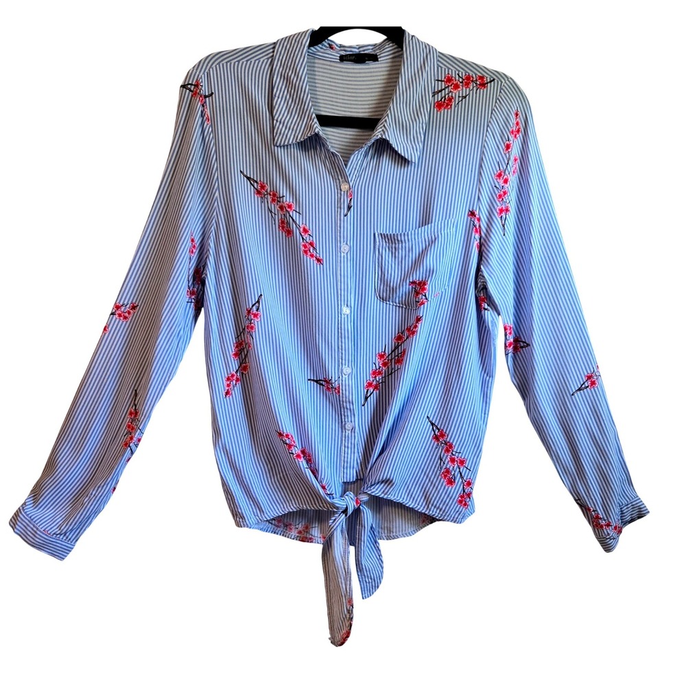 Bebop Boho Chic Blue‎ White Striped Cherry Blossom Tie Front Button Down Top M